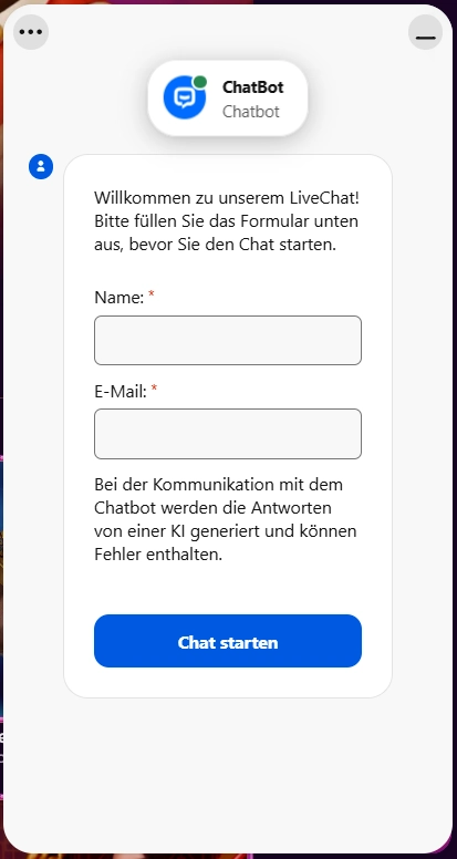 Casino Livechat Support Chatbot Formular mit Eingabefeldern für Name und E-Mail