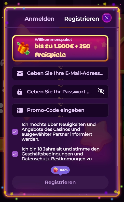 Casino Registrierung Formular mit Willkommensbonus bis zu 1500 Euro und Freispiele