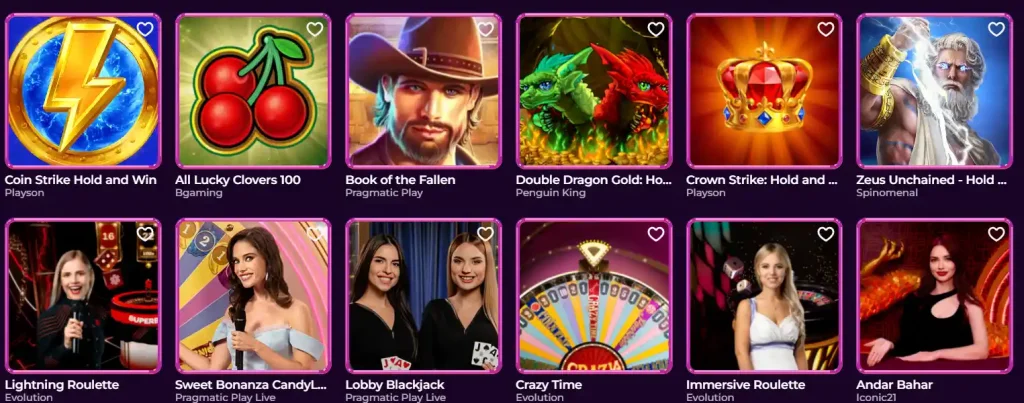 Casino Spiele Auswahl mit Slots und Live Casino Spielen wie Roulette, Blackjack und Crazy Time