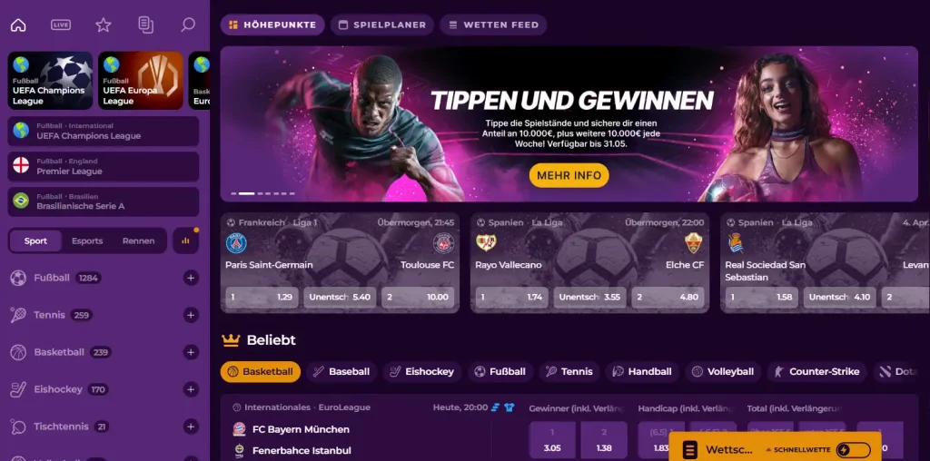 Casino Sportwetten Interface mit Spielplaner, Wetten Feed und verschiedenen Fußball Ligen