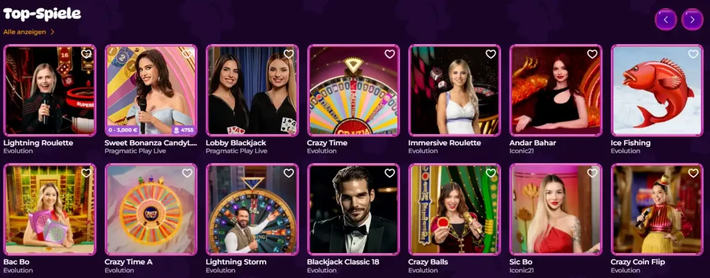 Casino Top Spiele Übersicht mit Live Casino Spielen wie Roulette, Blackjack und Crazy Time