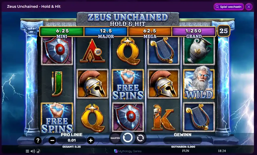 Demo Casino Zeus Unchained Slot mit Free Spins und Hold and Hit Feature im Demomodus