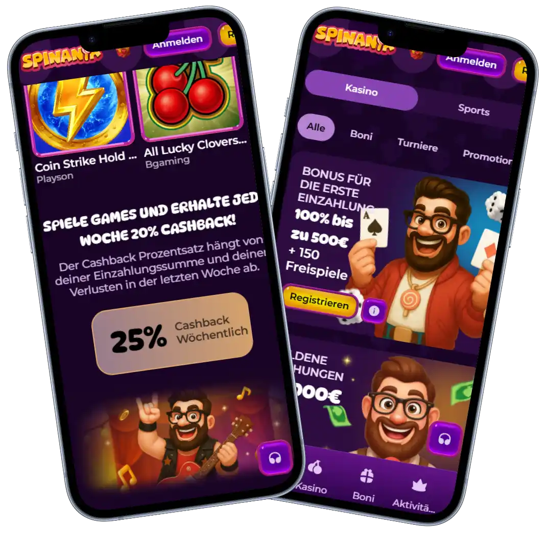 Spinanga Casino mobile Ansicht mit Bonus Angeboten, Cashback und Spiele Übersicht auf dem Smartphone