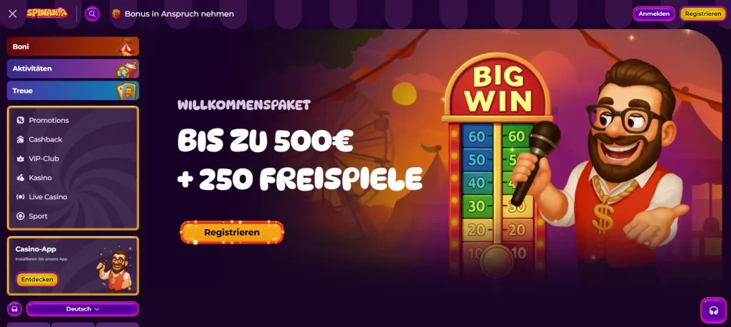 Spinanga Casino Startseite mit Willkommensbonus bis zu 500 Euro und Freispiele sowie Big Win Banner